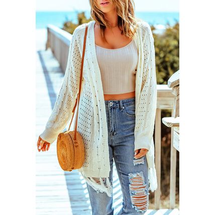 Beige Tasseled Hollow-out Cable Knit Cardigan