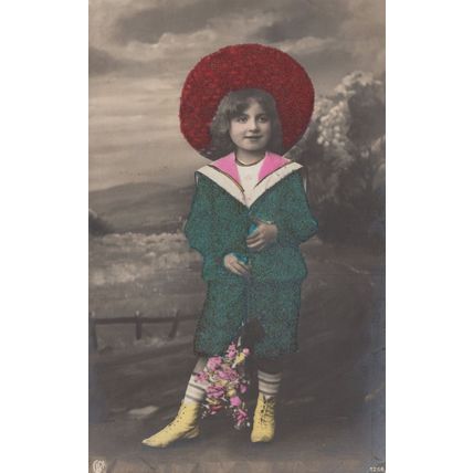 German Child With REAL FELT Sailor Suit Old Fashion Postcard