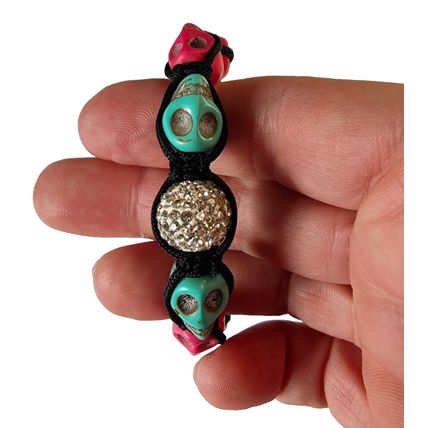 Skull Bracelet Woman Beads Adjustable Black Cord Steel Skull Biker Costume A57