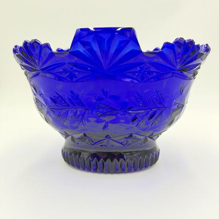 Imperial Poland Cobalt Blue Glass 24% Lead Crystal Fruit Bowl Vintage Art 6.5”x8