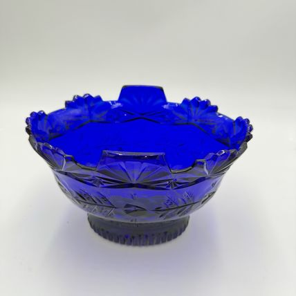 Imperial Poland Cobalt Blue Glass 24% Lead Crystal Fruit Bowl Vintage Art 6.5”x8
