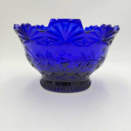 Imperial Poland Cobalt Blue Glass 24% Lead Crystal Fruit Bowl Vintage Art 6.5”x8