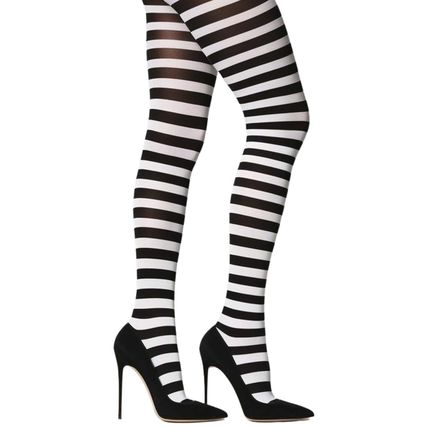 Plus Size Black & White Striped Tights 1X/2X Opaque Pantyhose Hosiery
