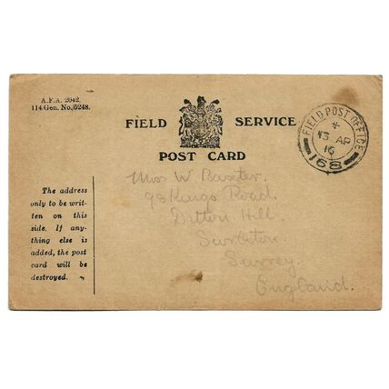 Postcard WW1 British Field Service Post Card FPO168 Pointer MGC 56th Div ? 1916