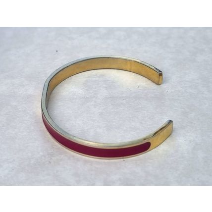 Gold Tone Cuff Bracelet with Deep Pink Enamel, Minimalist Adjustable Bangle