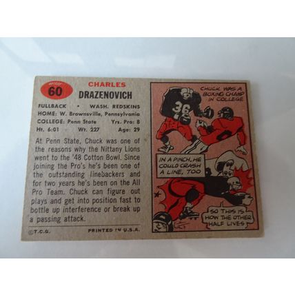 1957 Topps Football Card # 060 Chuck Drazenovich VG (3) Washington Redskins