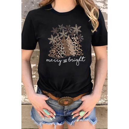 Black Leopard Christmas Tree Graphic Print Crew Neck T Shirt
