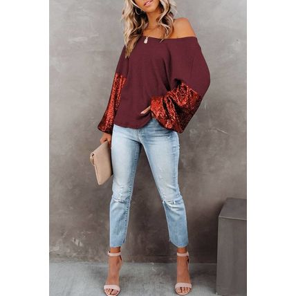 Biking Red Sequin Patchwork Sleeve Open Back Waffle Knit Top