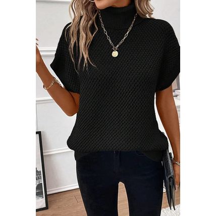 Black Turtleneck Textured Short Sleeve Sweater