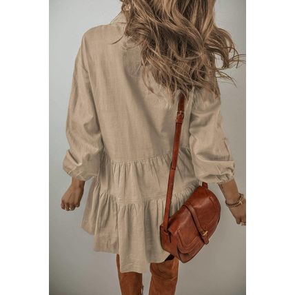 Tan Puff Sleeve Buttoned Tiered Pleated Shirt Mini Dress