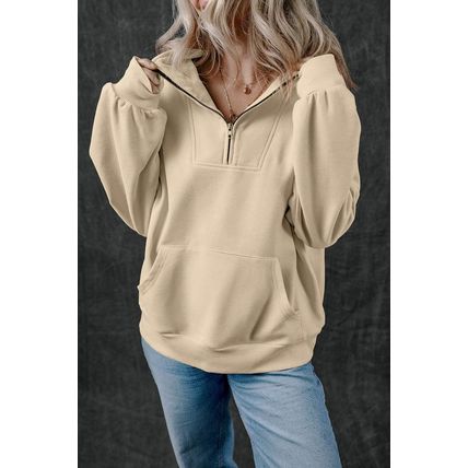 Smoke Gray Zip-up Stand Neck Kangaroo Pocket Sweatshirt