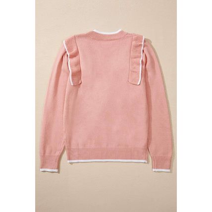 Light Pink Ruffled Bowknot Ribbed Trim Long Sleeve Sweater