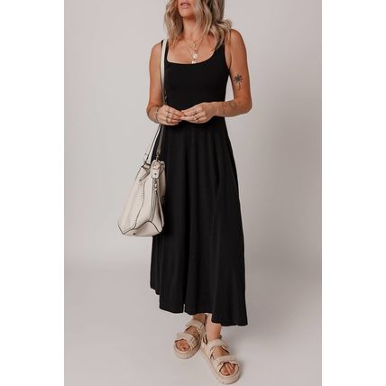 Black Sleeveless Scoop Neck Flared Split Midi Dress