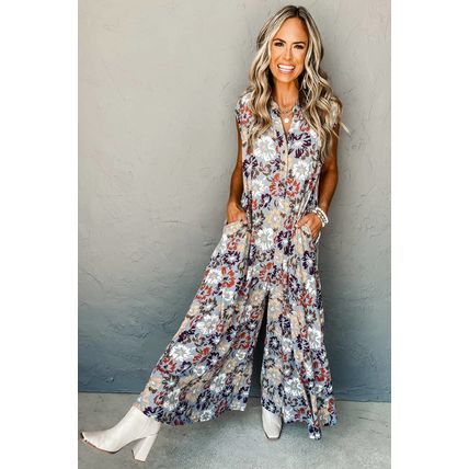 Sky Blue Floral Sleeveless Buttoned Pocketed Wide Leg Jumpsuit