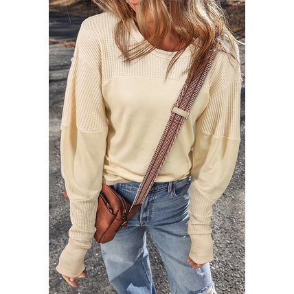 Beige Thermal Knit Patchwork Exposed Seam Long Sleeve Top