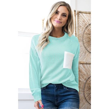 Iceland Blue 3D Ribbed Texture Contrast Patched Pocket Long Sleeve Top