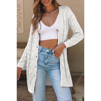 White Hollow-out Openwork Knit Cardigan