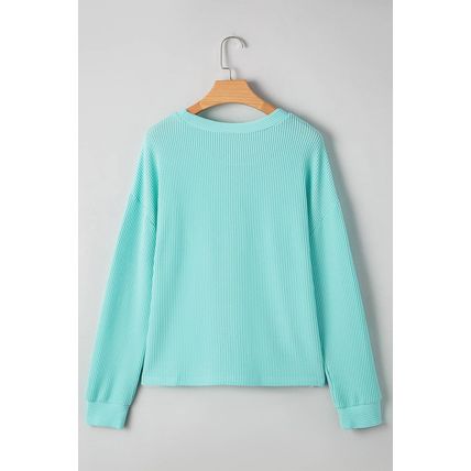 Iceland Blue 3D Ribbed Texture Contrast Patched Pocket Long Sleeve Top