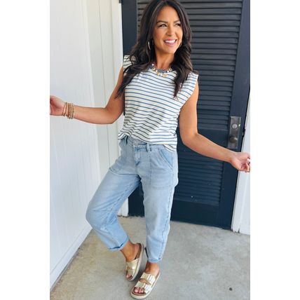Beau Blue High Rise Barrel Relaxed Patch Pocket Jeans