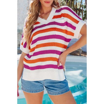 Rose Stripe V Neck Short Sleeve Sweater with Side Slits