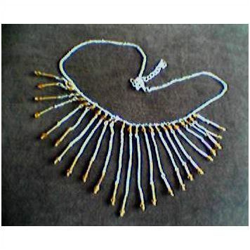 Vintage Necklace Amber Glass Beaded Tassel Fringed Bib