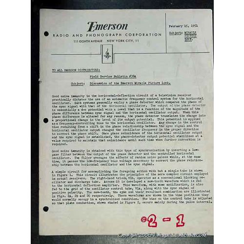 EMERSON 1951 TV Field Service Bulletin 38 Miracle Picture Lock