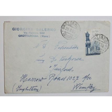 ITALY 1958 Shrine at Lourdes 60 Lira SG740) Stamp on 1959 Cover to Wembley