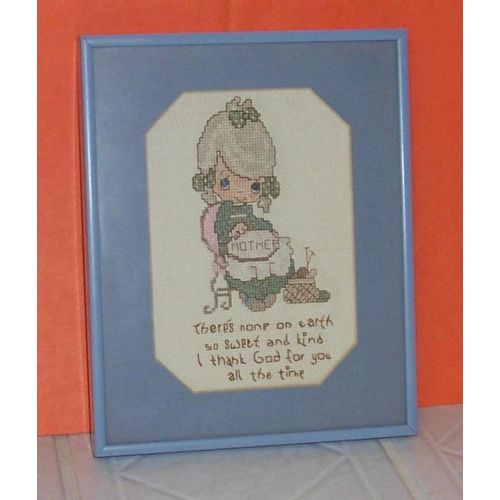 Precious Moments Cross Stitch Glass Framed Thank God for Moms Hand Crafted