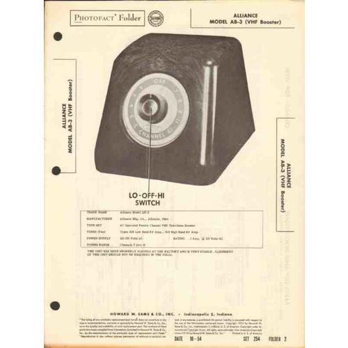ALLIANCE model AB-3 VHF television booster Sams Photofact manual