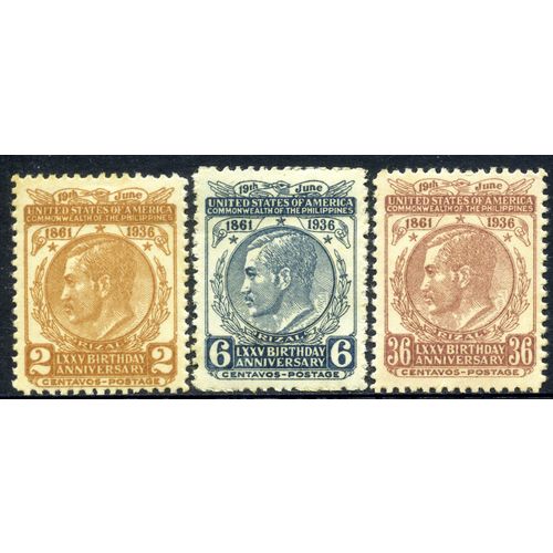 PHILIPPINES 1936, 75th Birth Anniversary José Rizal, Set of 3 Scott PH402-404 MH