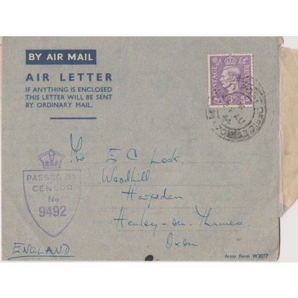 GB 1944 cover air mail British Forces PO to Henley with Passed by Censor slogan