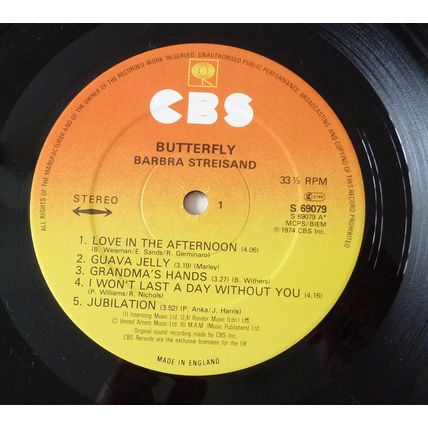 BARBRA STREISAND – BUTTERFLY -1974 CBS UK PRESS - 10 TRACK STEREO G/F VINYL LP
