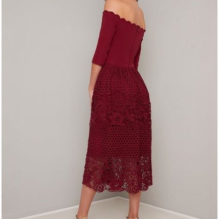 Chi Chi London Crochet Bardot Occasion Evening Prom Dress 8 Burgundy