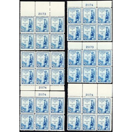 734, Mint FVF NH 5¢ SIX Plate Blocks CV $168.00 - Stuart Katz
