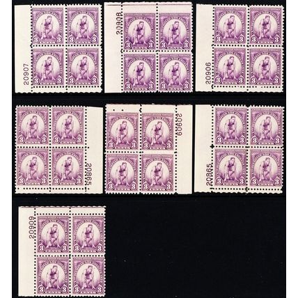 718, Mint FVF NH 3¢ SEVEN Plate Blocks CV $119.00 - Stuart Katz