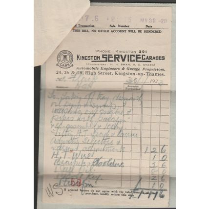Two Bills & Receipt - Kingston Service Garages, Kingston-on-Thames, 1923