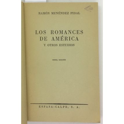 Los Romances de America Y Otros Estudios, Ramon Menedez Pidal