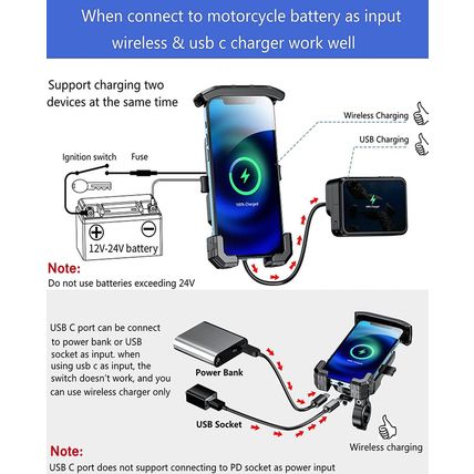 KEWIG Waterproof Motorcycle Phone Mount Qi 15W Wireless & USB C 20W Fast Chargei