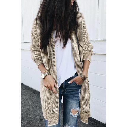 Apricot Plaid Knitted Long Open Front Cardigan