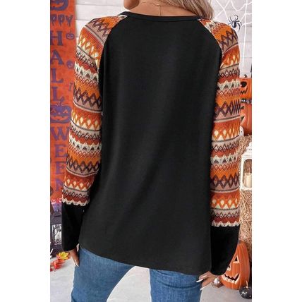 Orange Geo Print Raglan Patchwork Long Sleeve Tee