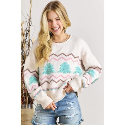 White Striped Christmas Tree Ribbed Trim Drop Shoulder Sweater