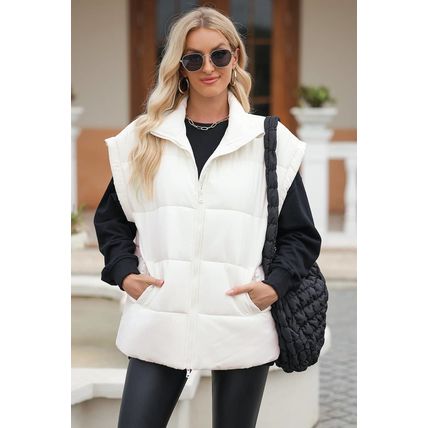 Beige Zipper Stand Neck Oversized Puffer Vest
