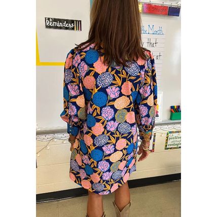 Navy Blue Hydrangea Floral Print Bishop Sleeve V Neck Shift Dress