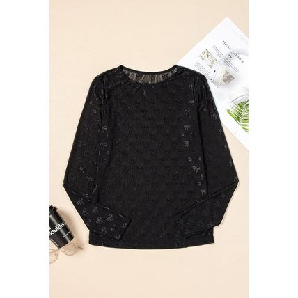 Black Mesh Bow Pattern Long Sleeve Top