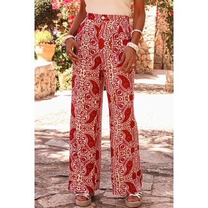 Red Paisley Printed Buttoned High Waist Straight Leg Pants