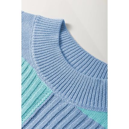 Light Blue Checkered Color Block Crew Neck Short Sleeve Sweater