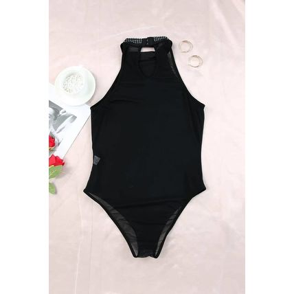 Black High Neck Sleeveless Diamante Bodysuit