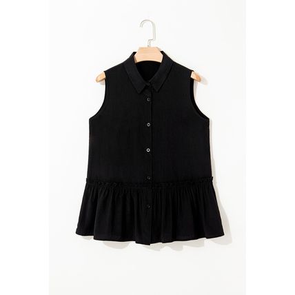 Black Sleeveless Buttoned Front Ruffle Hem Tunic Shirt