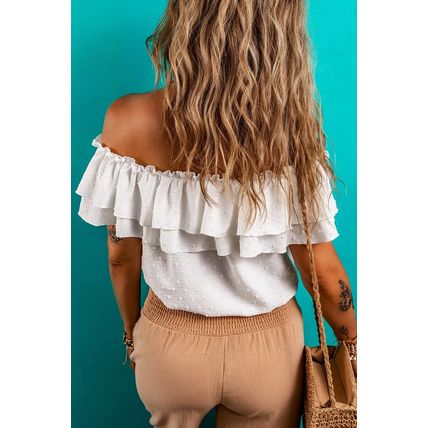 White Off Shoulder Ruffle Knotted Detail Swiss Dot Blouse
