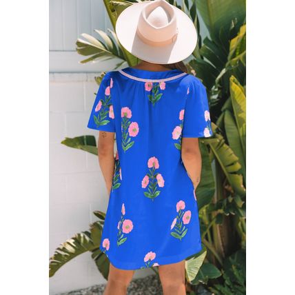 Blue Floral Short Sleeve Split Neck Loose Mini Dress